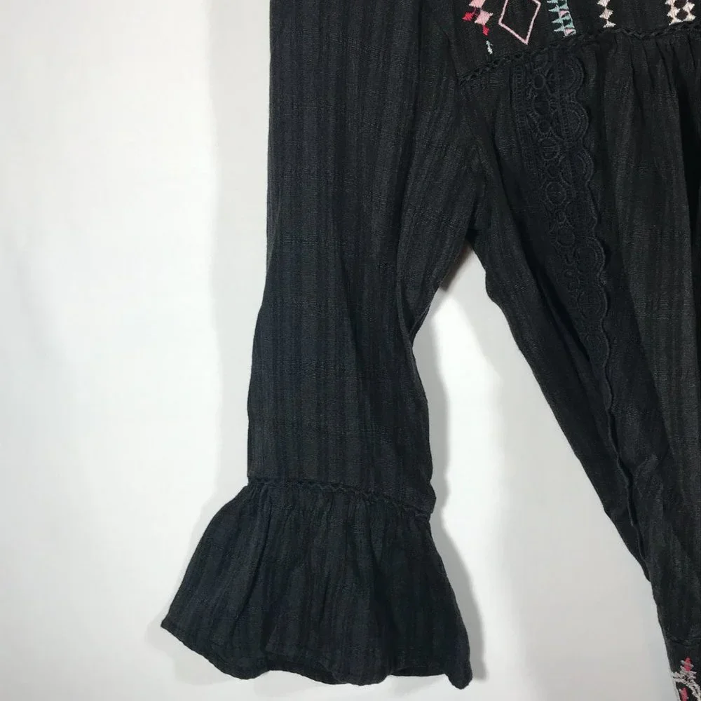 Knox Rose Women's Small Black Embroidered 3/4 Bell Long Sleeve Blouse - Picture 11 of 12